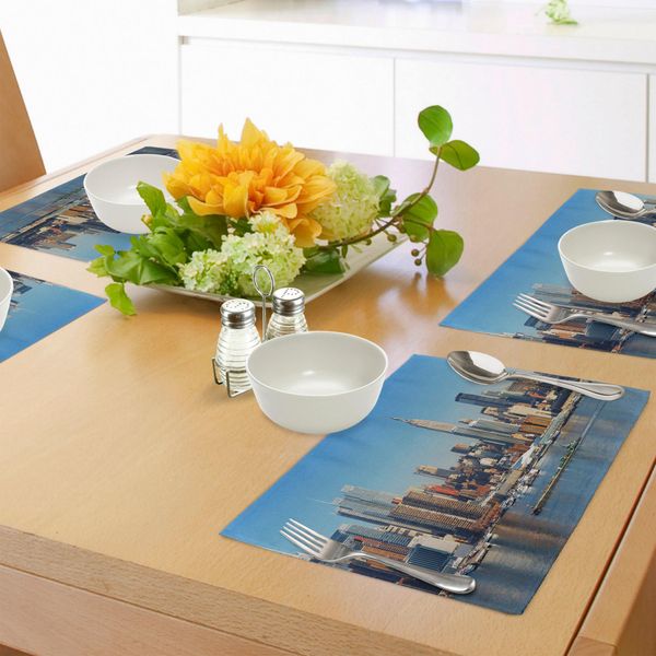 Abakuhaus New York Tovagliette, Skyline Urbano Di Manhattan Con Empire State Building Sul Panorama Del Fiume Hudson, Tiscjdeco In Tessuto Resistente Ai Colori Per La Sala Da Pranzo E La Cucina, Blu Grigio-image