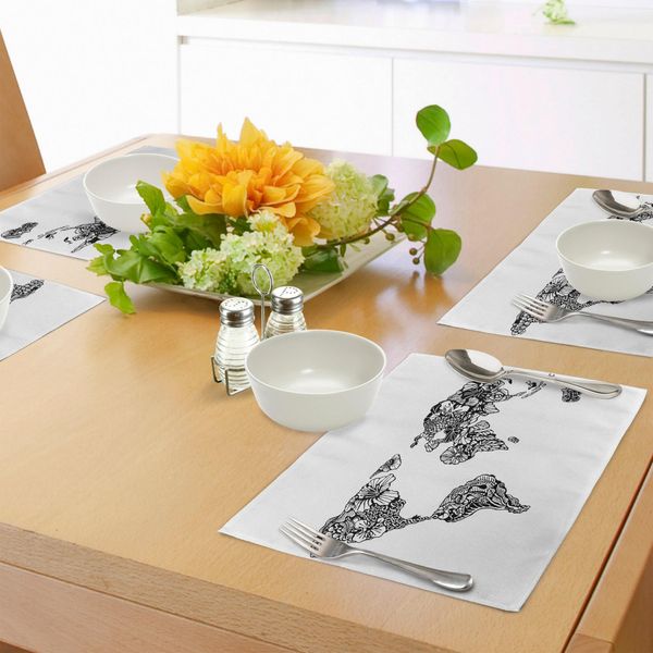 Abakuhaus Tovagliette Con Mappa Del Mondo Floreale, Mappa Artistica In Stile Schizzo Con Fiori E Foglie Esotici Monocromatici, Decorazione Da Tavola In Tessuto Resistente Al Lavaggio Per La Sala Da Pranzo E La Cucina, Bianco E Nero-image