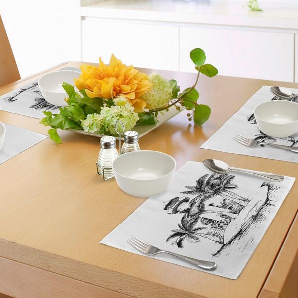 Abakuhaus Tovagliette Tropicali, Faro Sull'isola Circondato Da Palme - Grafica Esotica Che Evoca Paesaggi Lontani, Tiscjdeco In Tessuto Resistente Al Lavaggio Per La Sala Da Pranzo E La Cucina, Bianco E Nero-image