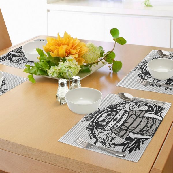 Tovagliette Abakuhaus Con Teschi, Teschi Grafici, Astronauti Spaziali Con Una Corona E Illustrazioni Floreali Stampate, Decorazioni Da Tavola In Tessuto Resistente Al Lavaggio Per La Sala Da Pranzo E La Cucina, Bianco E Nero-image