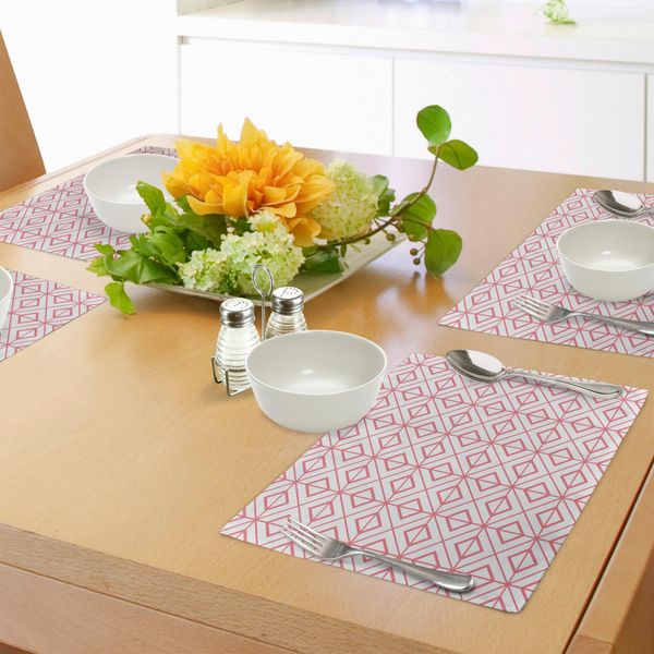 Abakuhaus Tovagliette Rosa, Piastrelle Vintage Retrò Con Forme Geometriche Triangoli Quadrati Linee Stampa Artistica, Tiscjdeco In Tessuto Resistente Al Lavaggio Per La Sala Da Pranzo E La Cucina, Bianco E Rosa-image
