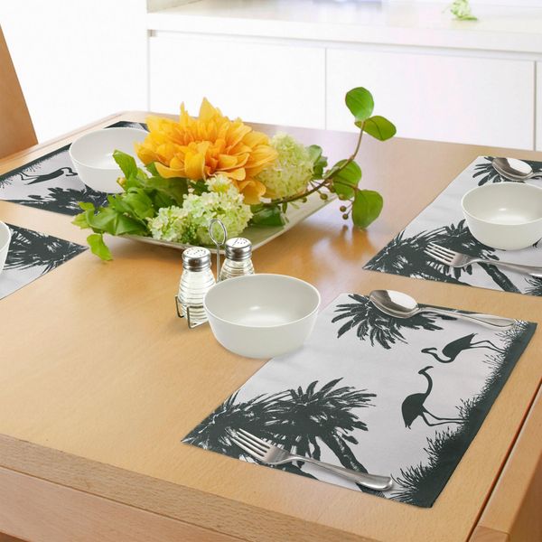 Tovagliette Abakuhaus Natur, Fenicotteri E Palme A Miami Grafica Esotica Tropicale Con Paesaggio Naturale, Tiscjdeco In Tessuto Resistente Al Lavaggio Per La Sala Da Pranzo E La Cucina, Bianco E Nero-image
