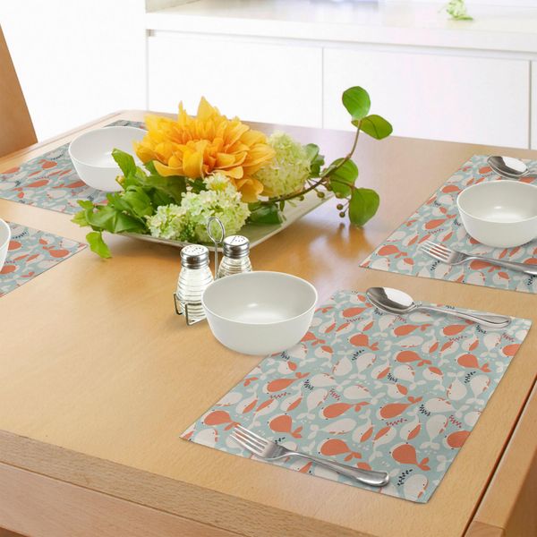 Tovagliette Abakuhaus Con Motivi Subacquei, Simpatiche Balene Oceaniche, Illustrazioni Di Vita Marina, Tiscjdeco In Tessuto Resistente Ai Colori Per La Sala Da Pranzo E La Cucina, Turchese Cocco Salmone-image