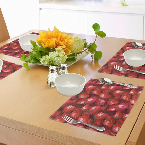 Tovagliette Abakuhaus Rosse, Illustrazioni A Tema Frutta, Motivo Fragole, Alimenti Biologici Maturi, Succosi E Vivaci, Tessuto Lavabile E Resistente Al Lavaggio Per Sala Da Pranzo E Cucina, Verde Giada E Rosso-image