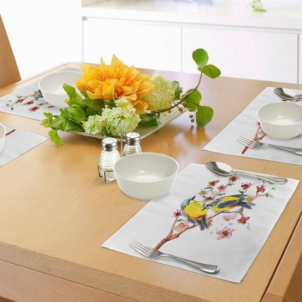 Tovagliette Abakuhaus Natur, Disegno Di Uccelli In Stile Acquerello Sulle Foglie E Stampa Floreale, Tiscjdeco In Tessuto Resistente Al Lavaggio Per La Sala Da Pranzo E La Cucina, Giallo E Marrone-image