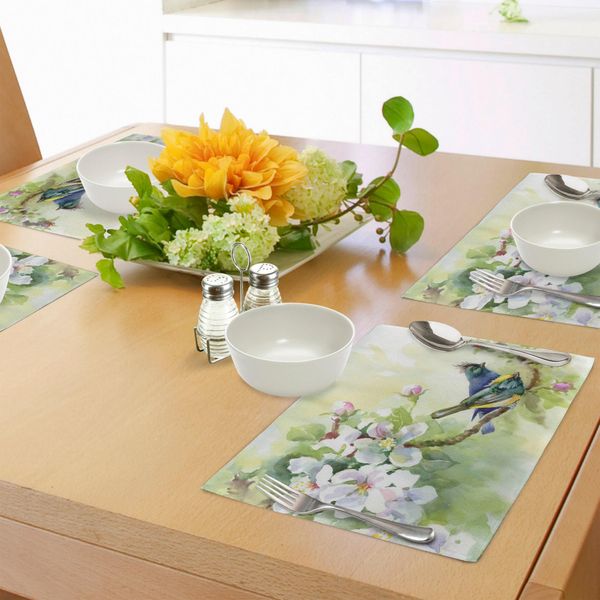 Tovagliette Abakuhaus Con Motivi Floreali, Uccelli Primaverili Con Effetto Acquerello Su Rami D'albero, Decorazioni Da Tavola In Tessuto Resistente Al Lavaggio Per La Sala Da Pranzo E La Cucina, Verde Reseda E Giallo-image