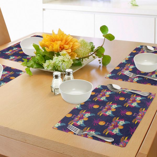 Tovagliette Abakuhaus Tropical, Motivo Tropicale Chiaro Senza Cuciture Con Stampa Artistica Di Fenicotteri, Fiori E Ananas, Decorazione Da Tavola In Tessuto Resistente Al Lavaggio Per La Sala Da Pranzo E La Cucina, Multicolore-image