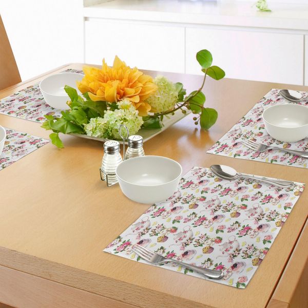 Abakuhaus Tovagliette Shabby Chic, Rose Shabby Chic Design Vintage Teiere Fiori Foglie Torta Limone Stampa Artistica, Tiscjdeco In Tessuto Resistente Al Lavaggio Per La Sala Da Pranzo E La Cucina, Multicolore-image