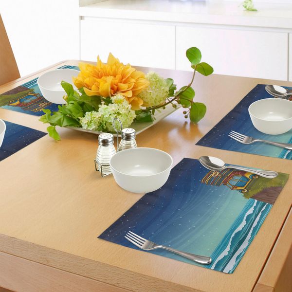 Tovagliette Abakuhaus Ocean, Auto Cartoon Con Tavole Da Surf Onde Blu Dell'oceano Notturno Viaggi Illustrazione Dell'isola Estiva, Tiscjdeco In Tessuto Resistente Al Colore Per La Sala Da Pranzo E La Cucina, Multicolore-image
