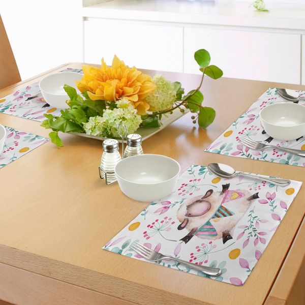 Abakuhaus Tovagliette Moderne, Disegno Romantico Acquerellato Con Motivi Floreali E Animali Come Pecore E Ramoscelli, Tiscjdeco In Tessuto Resistente Ai Colori Per La Sala Da Pranzo E La Cucina, Multicolore-image