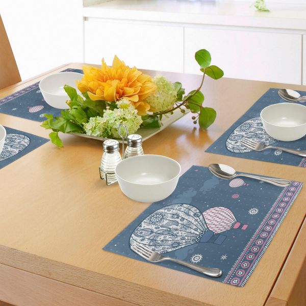 Tovagliette Retrò Abakuhaus, Palloncini D'aria Su Pois E Motivi Paisley Etnici Asiatici, Stampa Artistica, Tiscjdeco In Tessuto Resistente Al Lavaggio Per La Sala Da Pranzo E La Cucina, Blu-Grigio Rosa Chiaro-image