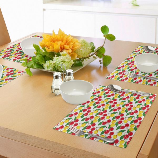 Tovagliette Abakuhaus Con Motivi Fruttati, Ciliegie Colorate Con Foglie - Fresche, Mature, Succose E Gustose, Tipiche Dell'estate, Sottobicchieri In Tessuto Lavabile, Decorazioni Per La Tavola Con Stampe, Giallo, Verde, Rosso-image