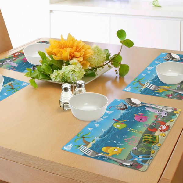 Tovagliette Per Bambini Abakuhaus, Divertente Panorama Sottomarino Con Animali Marini, Grafica Con Barca A Vela E Palma, Decorazione Da Tavola In Tessuto Resistente Al Lavaggio Per La Sala Da Pranzo E La Cucina, Multicolore-image