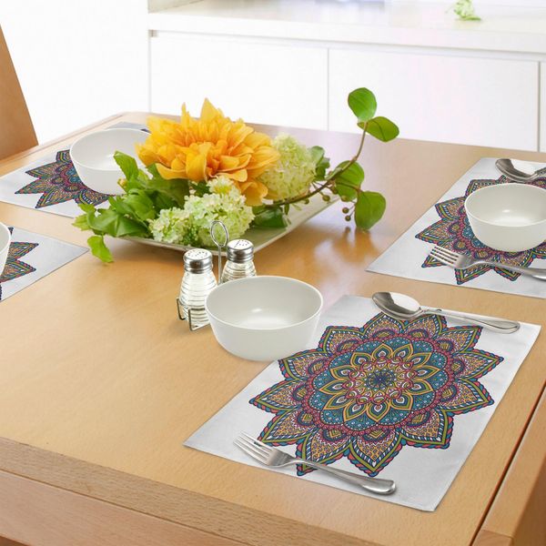 Tovagliette Abakuhaus Mandala, Design Etnico Tribale Con Motivi Floreali Colorati E Dettagli Grafici, Tiscjdeco In Tessuto Resistente Al Lavaggio Per La Sala Da Pranzo E La Cucina, Multicolore-image
