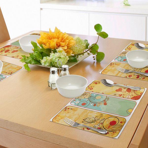 Abakuhaus Tovagliette Vintage, Cornici Con Dettagli Floreali, Forme Di Farfalle E Cuori, Foglie, Grafica Romantica Retrò, Decorazioni Da Tavola In Tessuto Resistente Al Lavaggio Per La Sala Da Pranzo E La Cucina, Multicolore-image