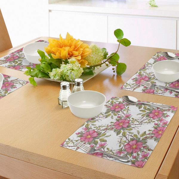 Tovagliette Abakuhaus Con Motivo Floreale, Acquerello Con Cani E Rose Con Foglie E Boccioli, Decorazioni Da Tavola In Tessuto Resistente Al Lavaggio Per La Sala Da Pranzo E La Cucina, Verde Lime, Rosa Chiaro E Bianco.-image