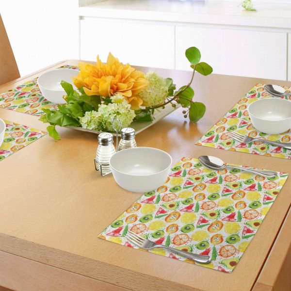 Tovagliette Abakuhaus Con Motivi Di Frutta, Gustosi E Maturi Anguria-Kiwi-Pesca-Arancia Avocado-Limone-Terra-Acquerello-Grafica, Tiscjdeco In Tessuto Resistente Al Lavaggio Per La Sala Da Pranzo E La Cucina, Multicolore-image