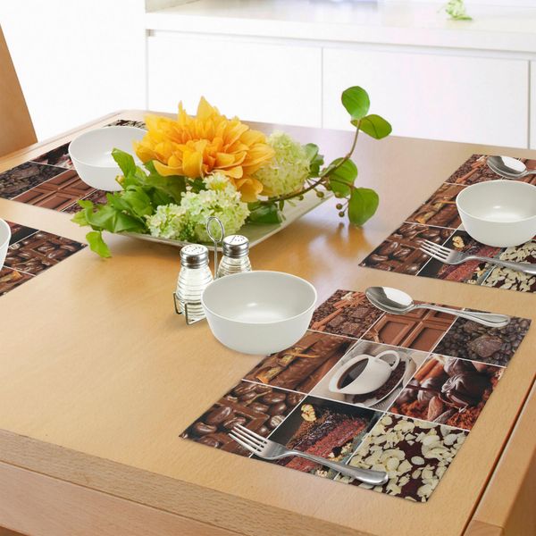 Abakuhaus Tovagliette Marroni, Caffè E Cioccolato Delizioso Collage Fagioli Tazze Snack Pasticcini Espresso Cacao Composizione, Tiscjdeco In Tessuto Resistente Al Lavaggio Per La Sala Da Pranzo E La Cucina, Marrone-image