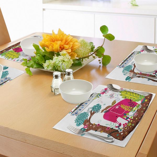 Tovagliette Per Bambini Abakuhaus, Illustrazioni Colorate Disegnate A Mano Di Animali, Elefanti, Scoiattoli, Alberi, Fiori Della Giungla E Natura, Decorazioni Da Tavola In Tessuto Resistente Ai Colori Per La Sala Da Pranzo E La Cucina, Multicolore-image