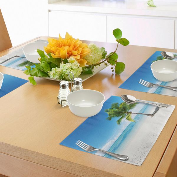 Tovagliette Abakuhaus Con Motivi Paesaggistici, Stampa Con Grafica Caraibica Delle Maldive, Spiaggia, Isola, Oceano E Palme, Tiscjdeco In Tessuto Resistente Al Lavaggio Per Sala Da Pranzo E Cucina, Azzurro, Bianco E Verde-image