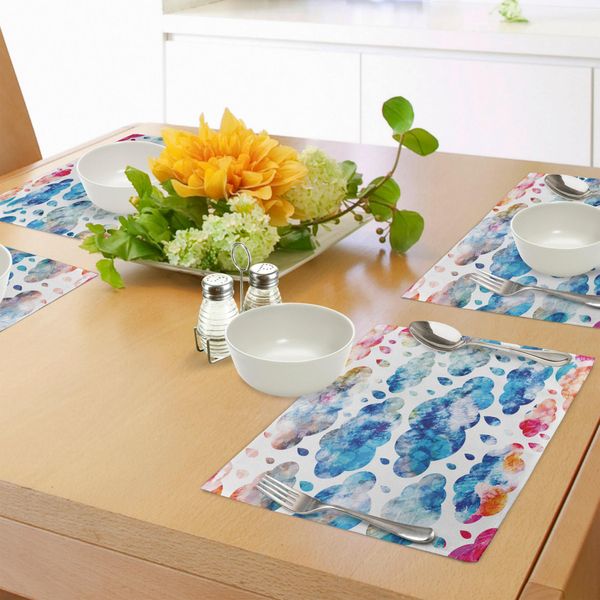 Abakuhaus Tovagliette Moderne, Motivo Colorato Con Nuvole E Gocce Di Pioggia, Illustrazione Artistica Del Cielo Piovoso, Tessuto Lavabile E Resistente Al Lavaggio Per Sala Da Pranzo E Cucina, Arancione Rosa Blu-image
