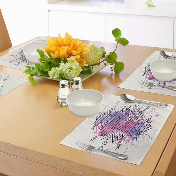 Tovagliette Tribali Abakuhaus, Motivi Aztechi Con Sfondo Sfumato Brushstroke Aquarelle, Stampa Folk, Tiscjdeco In Tessuto Resistente Al Lavaggio Per Sala Da Pranzo E Cucina, Rosa Chiaro, Fucsia, Lilla-image