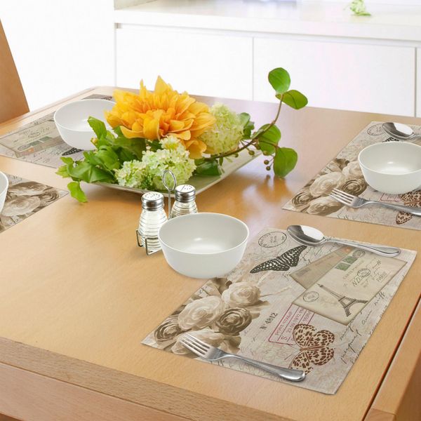 Abakuhaus Tovagliette Europee, Stile Vintage Con Scritte Retrò E Stampa Floreale Con Farfalle, Decorazioni Da Tavola In Tessuto Resistente Allo Scolorimento Per La Sala Da Pranzo E La Cucina, Marrone Chiaro, Nero E Crema-image