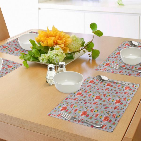 Abakuhaus Tovagliette Con Caricature, Cartoni Animati Come Teiere Con Pois Retrò In Stampa Artistica Floreale Arancione, Decorazioni Da Tavola In Tessuto Resistente Al Lavaggio Per La Sala Da Pranzo E La Cucina, Multicolore-image