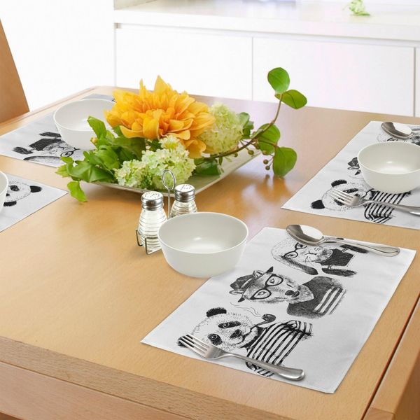 Tovagliette Abakuhaus Con Animali, Orso Panda Hippie, Volpe E Coniglio Con Occhiali E Vestiti Umani, Decorazione Da Tavola In Tessuto Resistente Ai Colori Per La Sala Da Pranzo E La Cucina, Bianco, Nero, Grigio-image