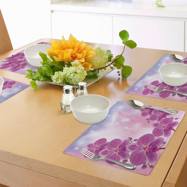 Tovagliette Abakuhaus, Fiori Di Orchidea Esotici Che Sbocciano Su Uno Sfondo Astratto, Stelle Circolari, Decorazioni Da Tavola In Tessuto Resistente Al Lavaggio Per La Sala Da Pranzo E La Cucina, Rosa Chiaro, Lilla, Blu-image