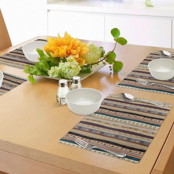 Tovagliette Tribali Abakuhaus, Motivo Tradizionale Etnico A Strisce Con Dettagli Decorativi Astratti, Grafica Vintage, Tiscjdeco In Tessuto Resistente Al Lavaggio Per La Sala Da Pranzo E La Cucina, Multicolore-image