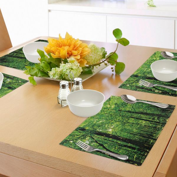 Tovagliette Abakuhaus Natur, Woodland Tree Forest Jungle In Una Giornata Di Sole Madre Terra Immagine Ambientale, Tiscjdeco In Tessuto Resistente Al Colore Per La Sala Da Pranzo E La Cucina, Sigillo Marrone Verde Felce-image