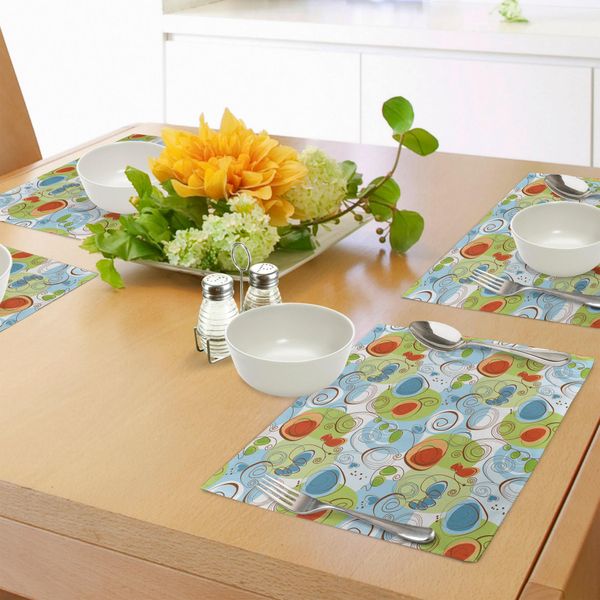 Abakuhaus Tovagliette Moderne, Fiori Con Motivi Geometrici Astratti E Vivaci, Immagine Moderna, Tiscjdeco In Tessuto Resistente Al Lavaggio Per La Sala Da Pranzo E La Cucina, Verde Chiaro, Bianco E Blu-image