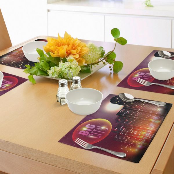 Abakuhaus Tovagliette Moderne, Tema Big City, Skyline Notturno Con Luna Piena, Stelle E Grattacieli, Tiscjdeco In Tessuto Resistente Ai Colori Per La Sala Da Pranzo E La Cucina, Multicolore-image