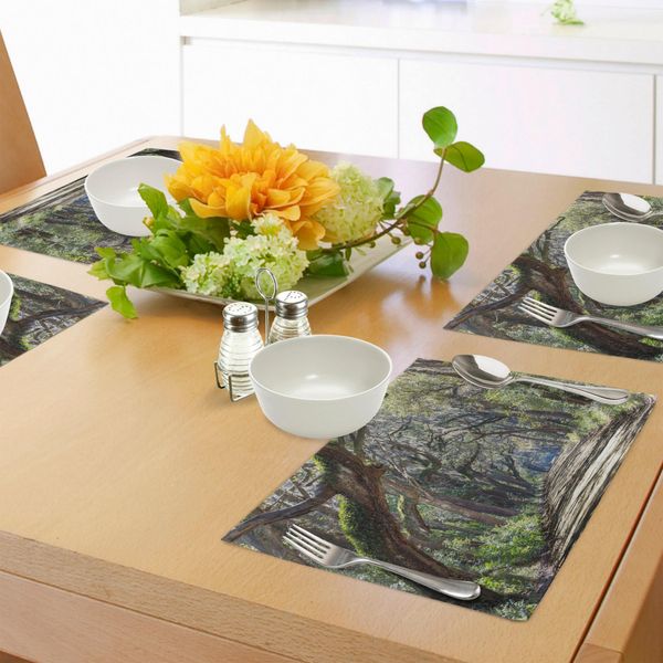 Tovagliette Abakuhaus Natur, Strada Nel Bosco Con Alberi Botanica South Carolina National Park Eco Immagine, Tiscjdeco In Tessuto Resistente Al Lavaggio Per Sala Da Pranzo E Cucina, Verde Felce Marrone Umbra-image
