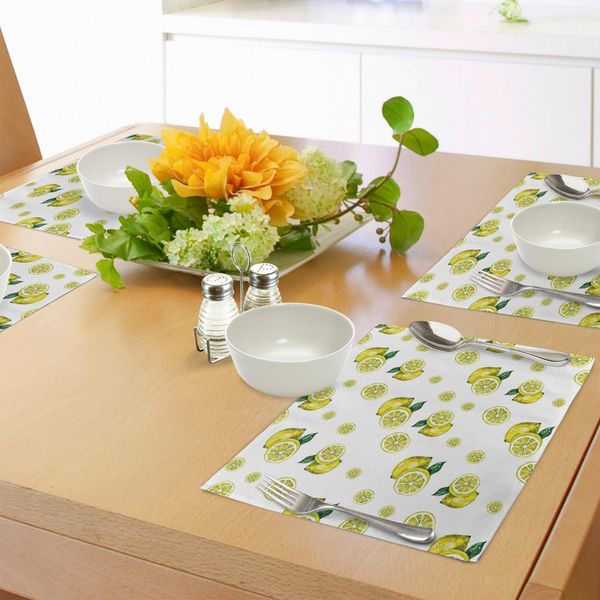 Abakuhaus Tovagliette Moderne, Figure Di Limoni Con Fette E Foglie Frutta Fresca Di Stagione Acquerello, Tiscjdeco In Tessuto Resistente Al Colore Per La Sala Da Pranzo E La Cucina, Verde Cacciatore Giallo-image