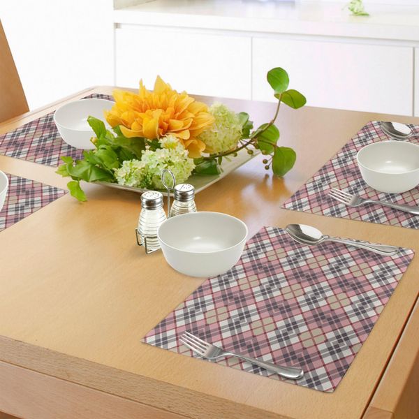 Abakuhaus Tovagliette Astratte, Motivo Tartan Vintage Irlandese, Stampa Con Linee Etniche Reali, Tiscjdeco In Tessuto Resistente Al Lavaggio Per Sala Da Pranzo E Cucina, Rosa Chiaro Avorio Grigio-image