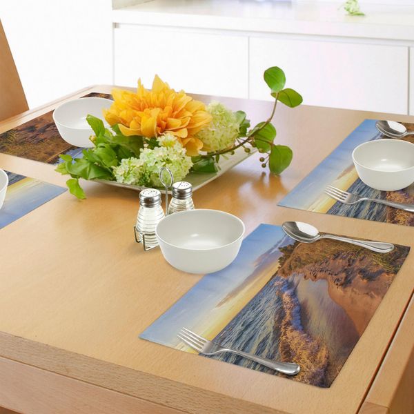 Tovagliette Da Tavola Abakuhaus, Sandy Calm Beach Ocean Waves Tranquilla Costa Impostazione Sole, Tiscjdeco In Tessuto Resistente Al Lavaggio Per La Sala Da Pranzo E La Cucina, Giallo Chiaro Marrone Chiaro Azzurro-image