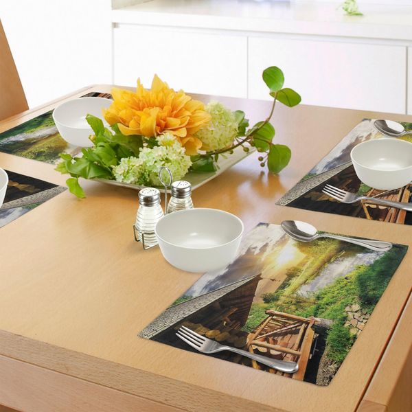 Tovagliette Abakuhaus Natur, Casa Di Campagna In Legno Sul Lago Con Sfondo Orizzontale, Villaggio, Vita Rurale, Tiscjdeco In Tessuto Resistente Al Colore Per La Sala Da Pranzo E La Cucina, Multicolore-image