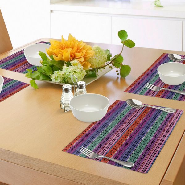 Tovagliette Asiatiche Abakuhaus, Motivo Tribale Geometrico Astratto Su Strisce Orizzontali Colorate In Stile Retrò, Decorazione Da Tavola In Tessuto Resistente Al Lavaggio Per La Sala Da Pranzo E La Cucina, Multicolore-image