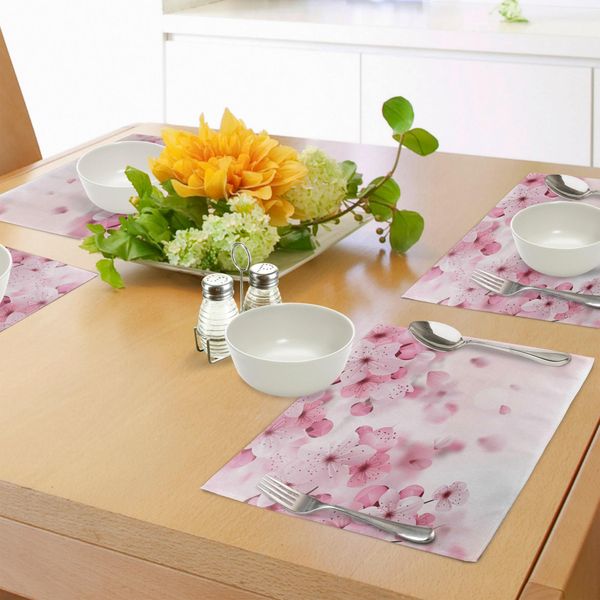 Tovagliette Abakuhaus Con Motivi Floreali, Fiori Di Ciliegio Giapponesi Sakura, Illustrazione Orientale A Tema Primaverile E Naturale, Decorazione Da Tavola In Tessuto Resistente Al Lavaggio Per Sala Da Pranzo E Cucina, Rosa Chiaro Baby Pink-image