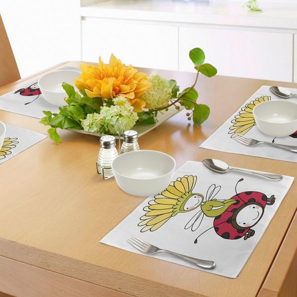 Tovagliette Abakuhaus Con Caricature, Graziosa Fatina Dei Fiori E Coccinella Disegnate A Mano, Divertenti Personaggi Fantasiosi, Decorazioni Da Tavola In Tessuto Resistente Ai Colori Per La Sala Da Pranzo E La Cucina, Multicolore-image