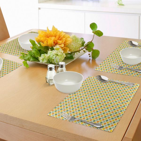 Tovagliette Retrò Abakuhaus, Classico Motivo A Quadri Con Strisce Incrociate Gialle E Verdi, Tiscjdeco In Tessuto Resistente Al Lavaggio Per La Sala Da Pranzo E La Cucina, Calendula Crema Verde-image