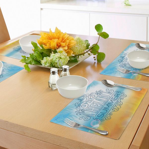 Tovagliette Da Spiaggia Abakuhaus, Palma Sfocata Astratta - Costa Soleggiata, Illustrazione Stagionale Rilassante, Decorazione Da Tavola In Tessuto Resistente Ai Colori Per La Sala Da Pranzo E La Cucina, Azzurro E Calendula-image