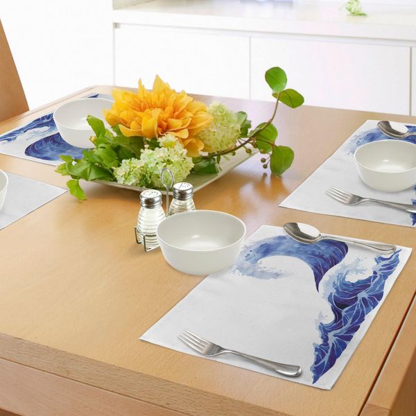 Tovagliette Abakuhaus Ocean, Illustrazione Acquerellata Di Una Tempesta Su Sfondo Bianco Con Onde Stampate A Getto D'acqua, Tovaglietta Decorativa In Tessuto Resistente Ai Colori Per La Sala Da Pranzo E La Cucina, Bianca E Blu.-image
