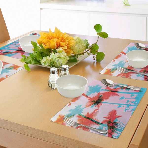 Abakuhaus Tovagliette Tropicali, Palma Da Cocco, Albero, Isola Esotica, Estate, Spiaggia, Arte, Tiscjdeco In Tessuto Resistente Al Colore Per La Sala Da Pranzo E La Cucina, Corallo Scuro, Turchese, Rosa Chiaro-image