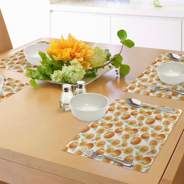 Tovagliette Abakuhaus Natur, Motivo Arance E Frutta, Acquerello, Agrumi, Grafica Eco, Cibo Sano E Succoso, Decorazione Da Tavola In Tessuto Resistente Al Lavaggio Per Sala Da Pranzo E Cucina, Verde Chiaro E Arancione.-image