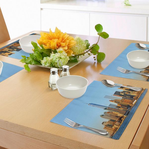Abakuhaus Tovagliette Paesaggio, Skyline Di New York City, Stati Uniti, Grattacieli, Vita Urbana Moderna, Tiscjdeco In Tessuto Resistente Ai Colori Per La Sala Da Pranzo E La Cucina, Azzurro Arancione-image