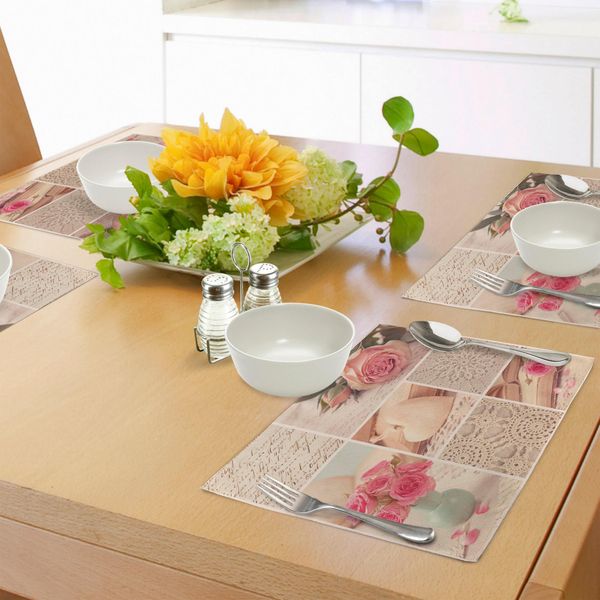 Abakuhaus Tovagliette Shabby Chic, Collage Di Foto Con Rose In Pizzo, Foglie E Stampe Artistiche Vintage, Decorazioni Da Tavola In Tessuto Resistente Ai Colori Per La Sala Da Pranzo E La Cucina, Rosa Chiaro E Bianco-image