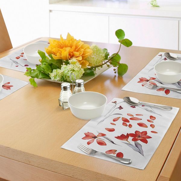 Abakuhaus Tovagliette Floreali, Fiori Autunnali E Illustrazioni Di Foglie E Fiori Acquerellate, Grafica Dipinta, Decorazioni Da Tavola In Tessuto Resistente Ai Colori Per La Sala Da Pranzo E La Cucina, Rosso-image